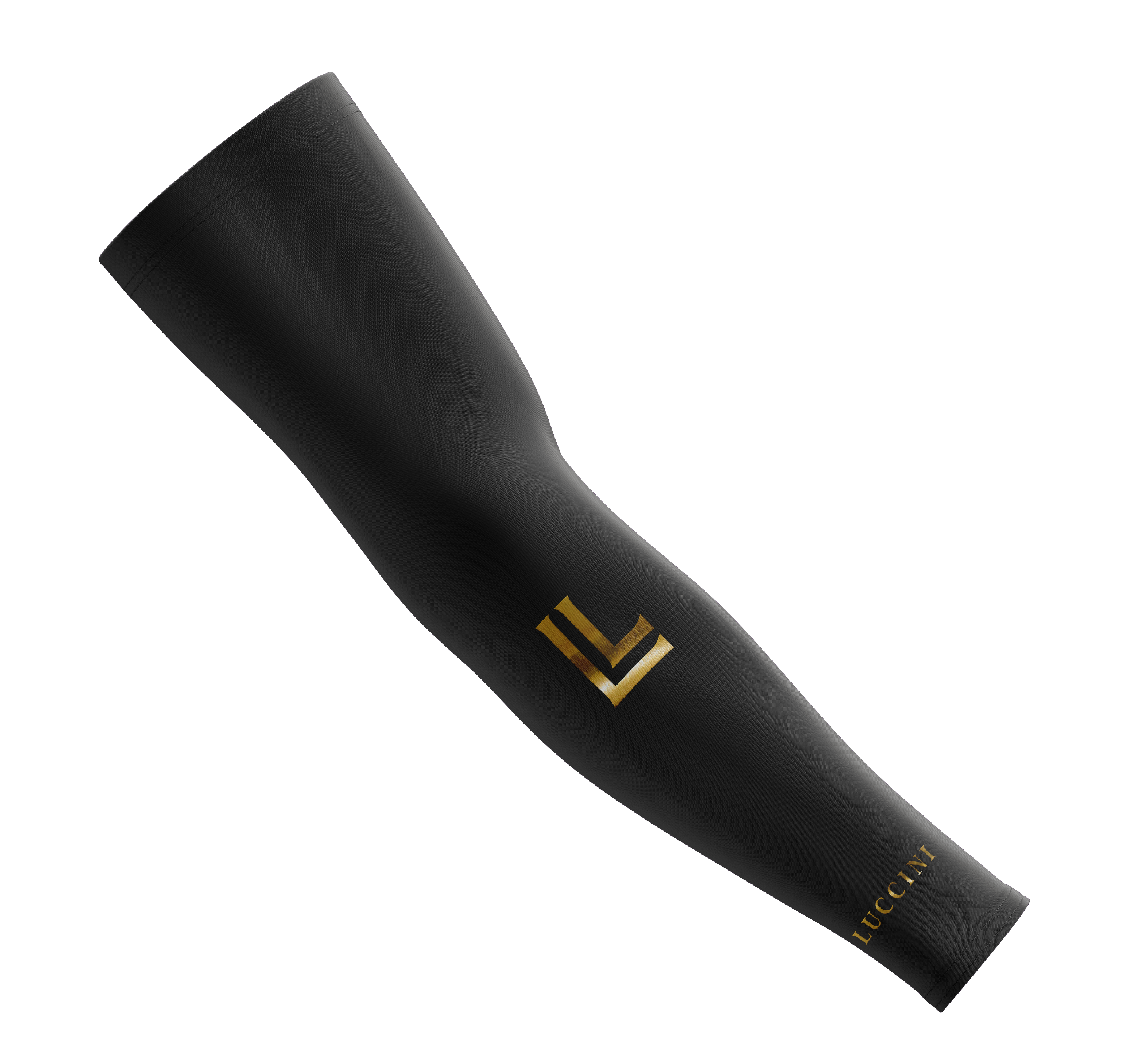 Black arm sleeve with gold logo on a white background