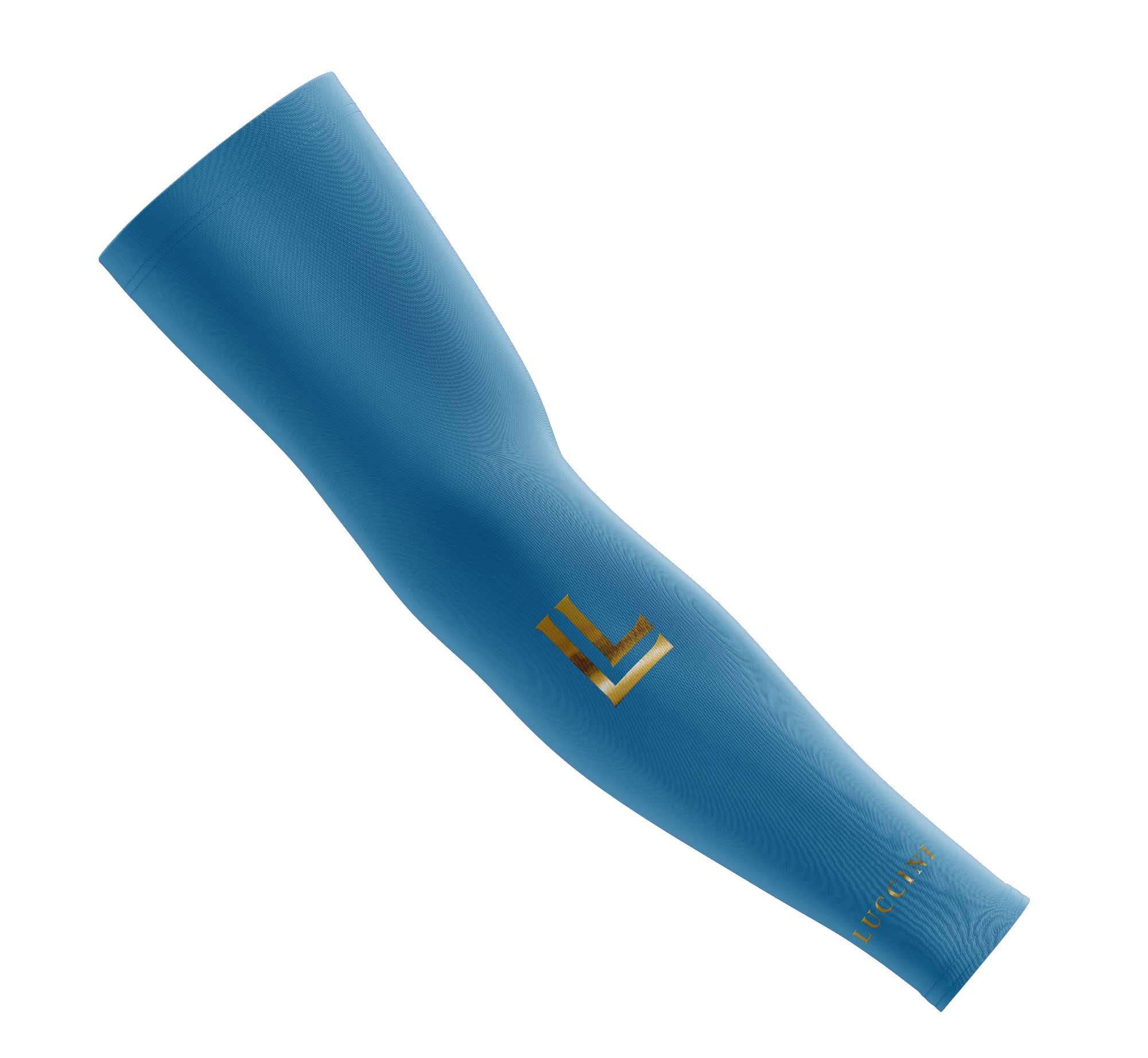 Blue arm sleeve with a gold logo on a white background