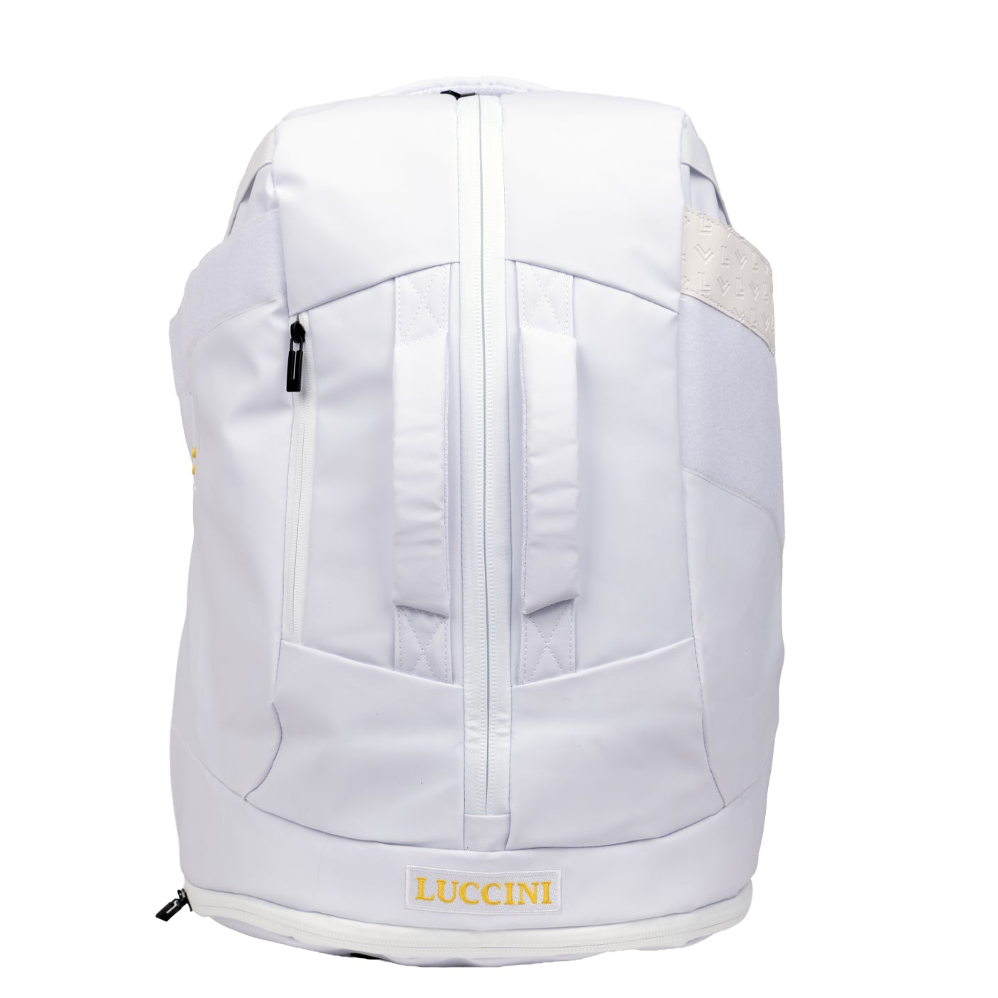 White backpack with a visible brand logo on a white background