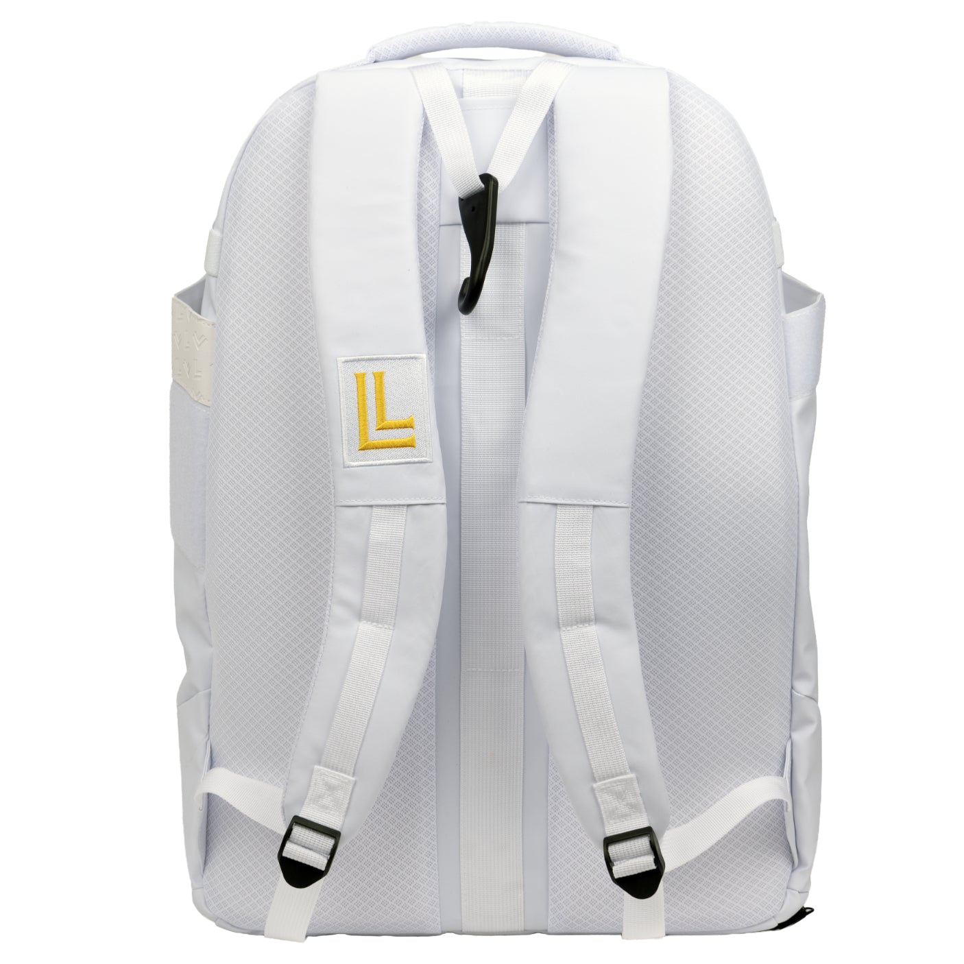 White backpack with a yellow logo on a white background