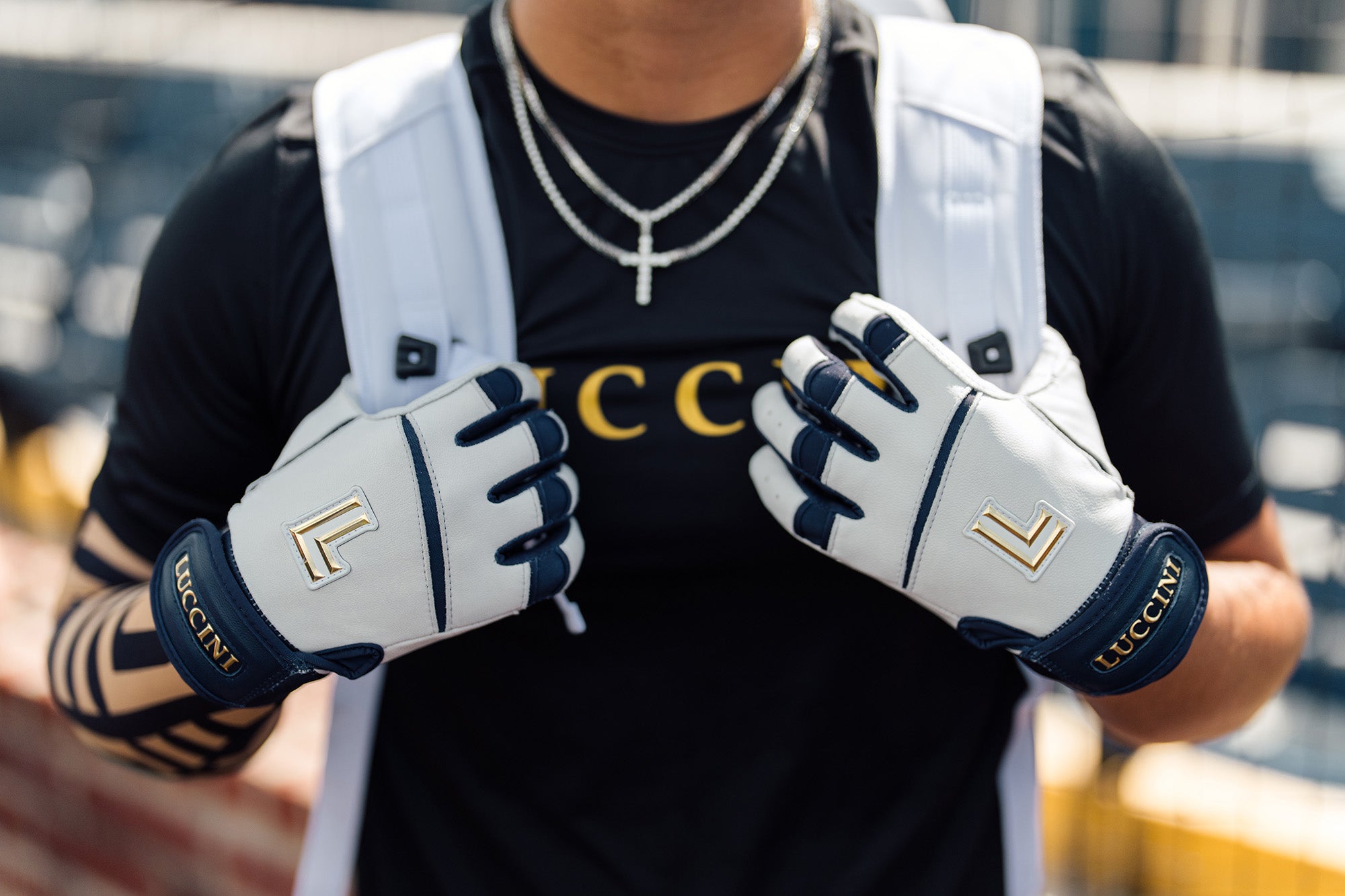Batting Gloves – White/Navy/White Palm