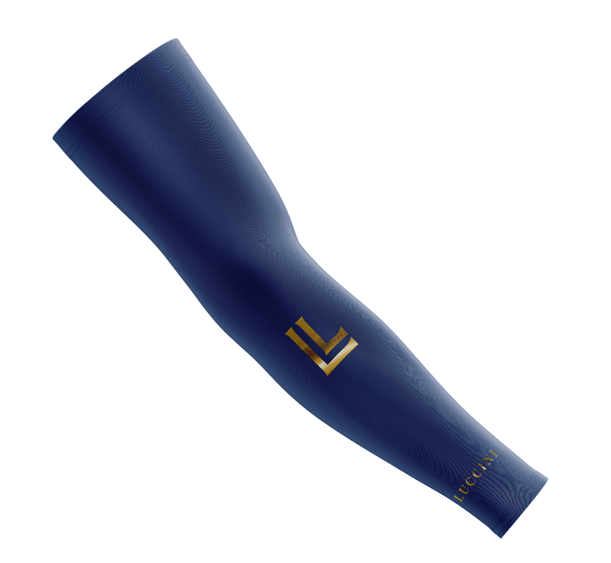 Blue arm sleeve with a gold logo on a white background
