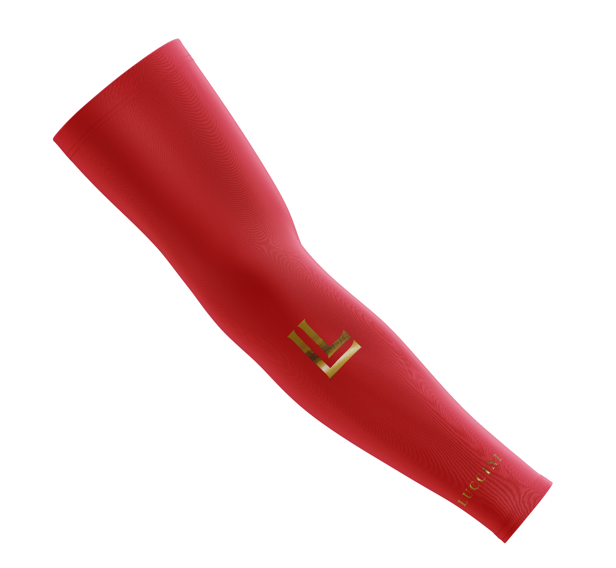 Red arm sleeve with a gold logo on a white background