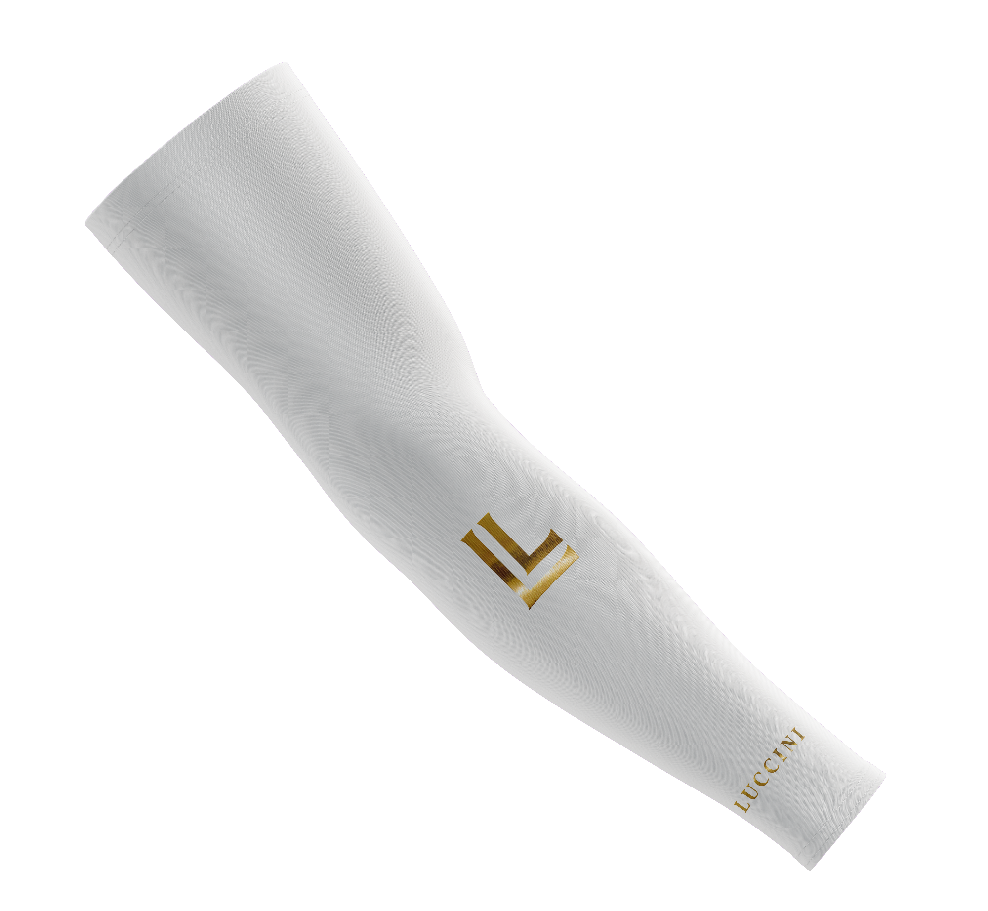 White arm sleeve with gold logo on a white background