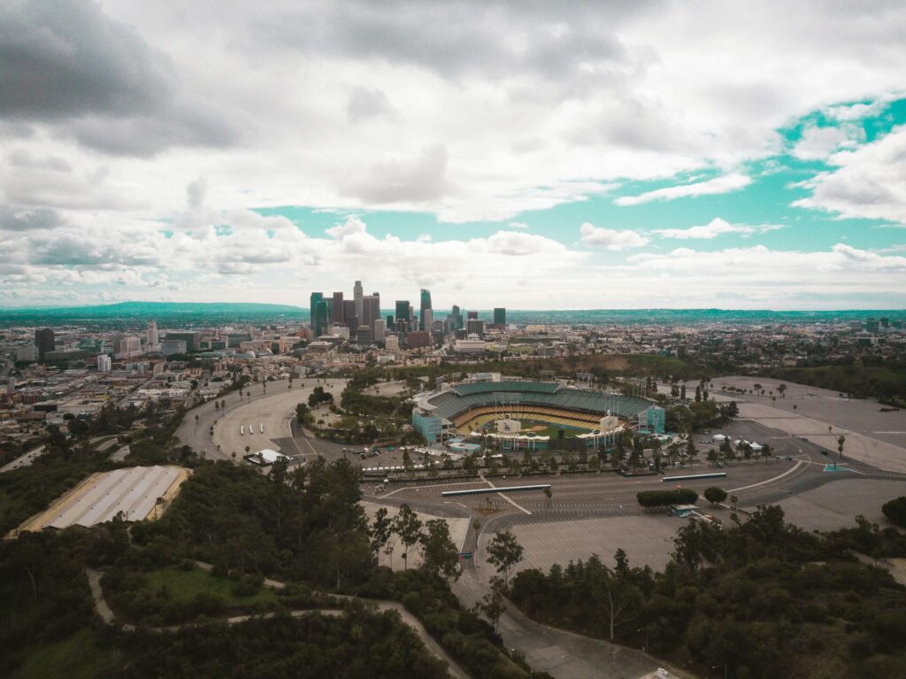 An image of an aerial view of Dodger Stadium